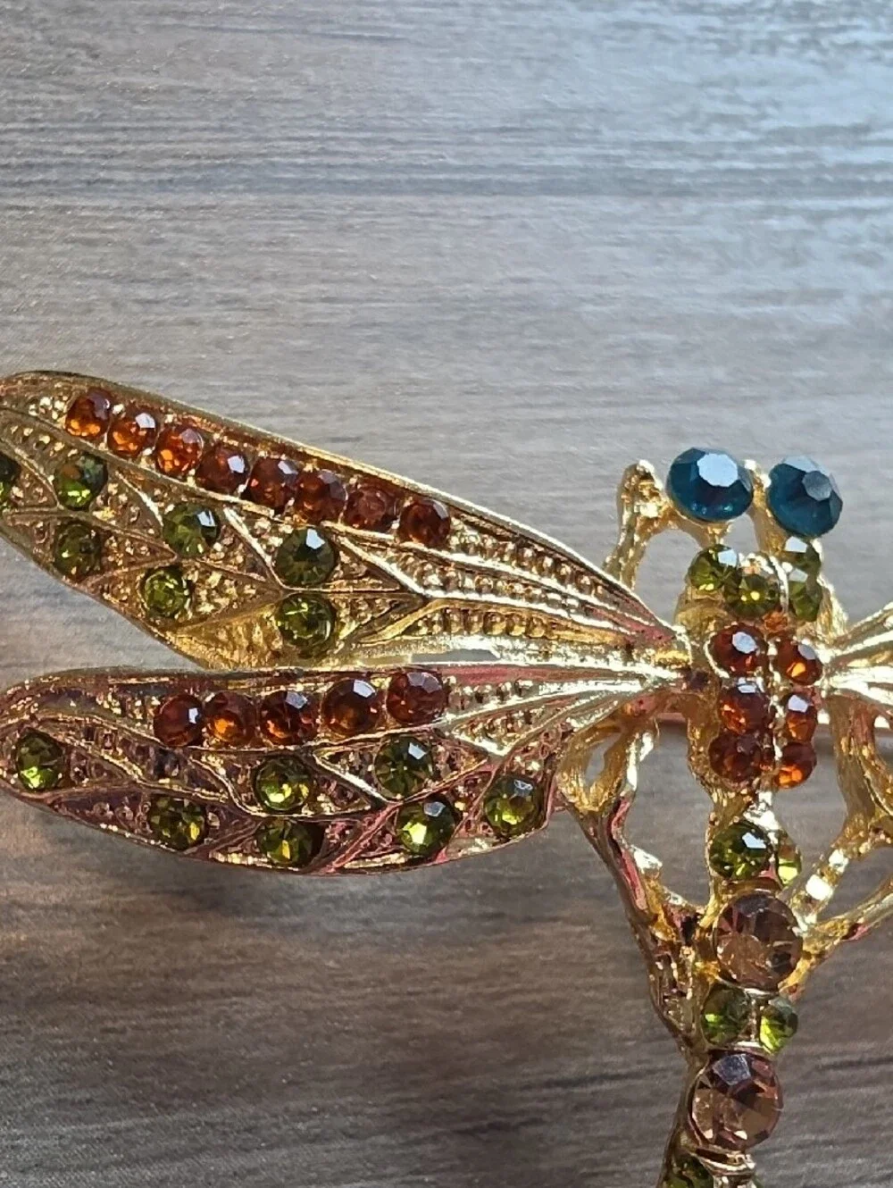 Gold-Tone Dragonfly Brooch with Green and Amber Crystals